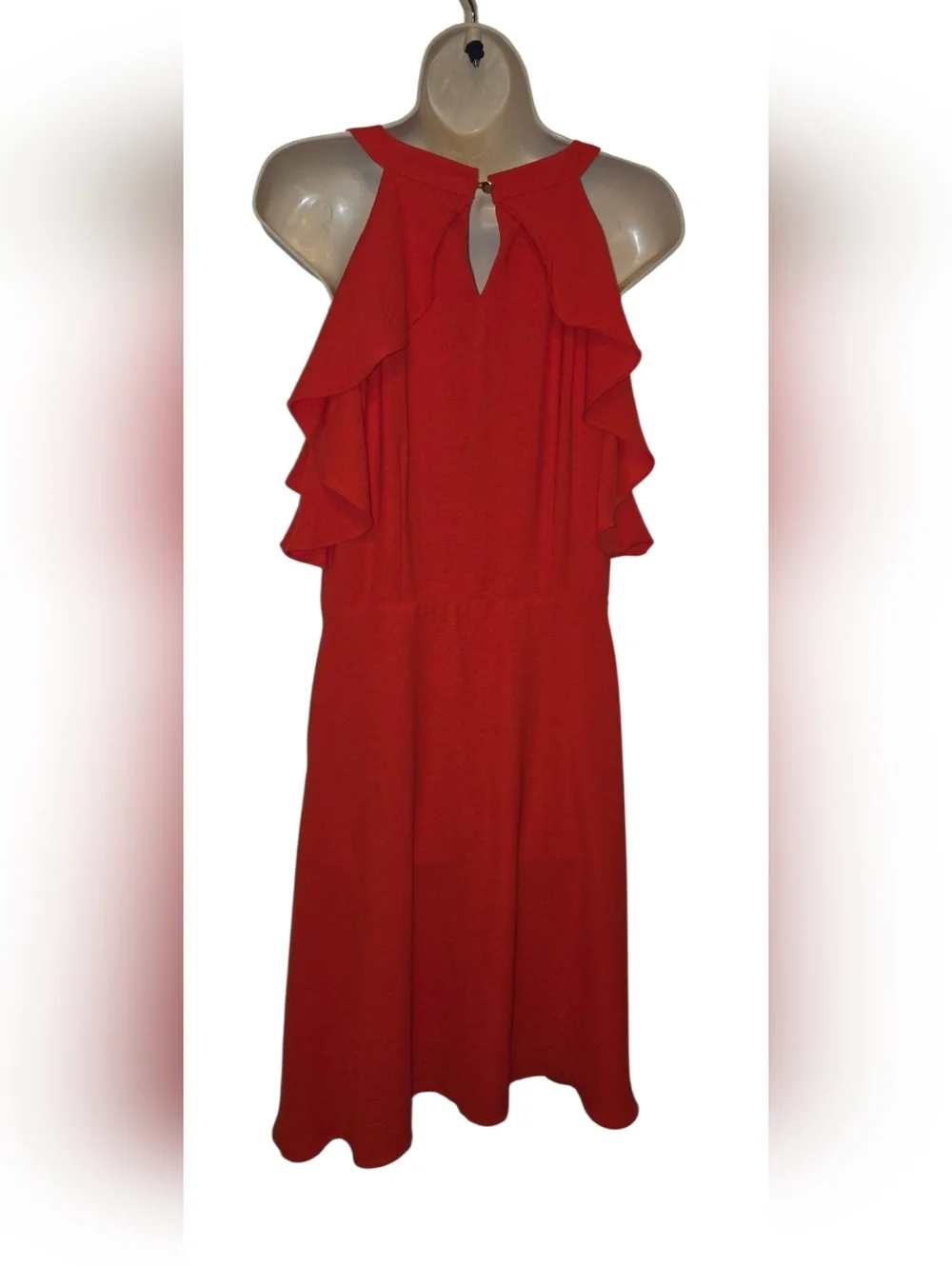 Charlie Paige Coral-Red Ruffle Halter Midi Dress